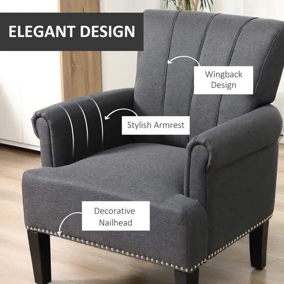Buy HOMCOM Wing Back Armchair Modern Single Sofa Accent Chair with Upholstered Seat, Rubber Wood Legs for Living Room and Dining Room, Dark Grey, 4 image