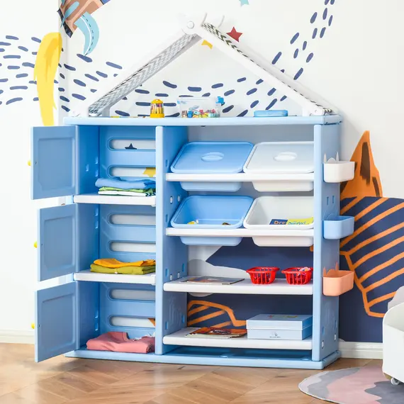 Buy Kids Storage Unit Toy Box Organiser Book Shelf with shelves, storage cabinets, storage boxes, and storage baskets, Blue