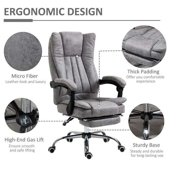 Buy Vinsetto Executive Office Chair Micro Fiber Computer Desk Chair for Home with Arm, Swivel Wheels, Footrest, Grey, 6 image