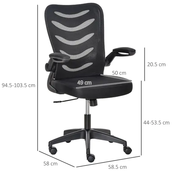 Buy Vinsetto Mesh Office Chair for Home Swivel Task Desk Chair with Lumbar Back Support, Flip-Up Arm, Adjustable Height, Black, 2 image