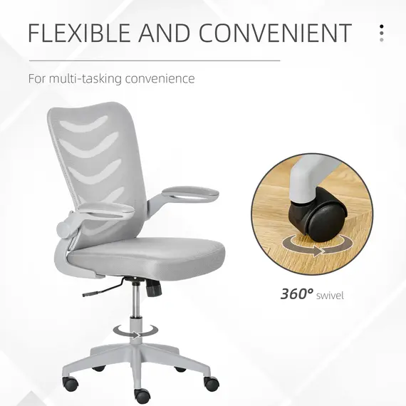 Buy Vinsetto Mesh Office Chair for Home Swivel Task Desk Chair with Lumbar Back Support, Flip-Up Arm, Adjustable Height, Grey, 6 image