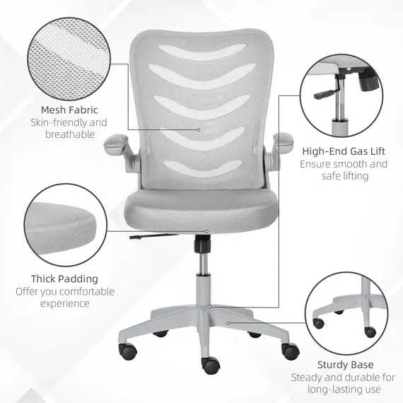 Buy Vinsetto Mesh Office Chair for Home Swivel Task Desk Chair with Lumbar Back Support, Flip-Up Arm, Adjustable Height, Grey, 7 image