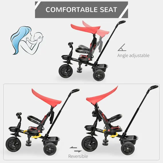 Buy HOMCOM 4 in 1 Baby Tricycle Toddler Stroller Foldable Pedal Tricycle w/ Reversible Angle Adjustable Seat Removable Handle Canopy Handrail Belt-Red, 5 image