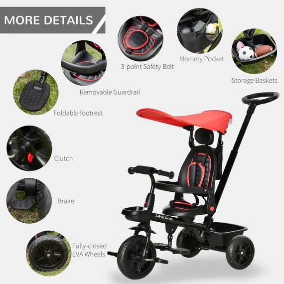 Buy HOMCOM 4 in 1 Baby Tricycle Toddler Stroller Foldable Pedal Tricycle w/ Reversible Angle Adjustable Seat Removable Handle Canopy Handrail Belt-Red, 7 image