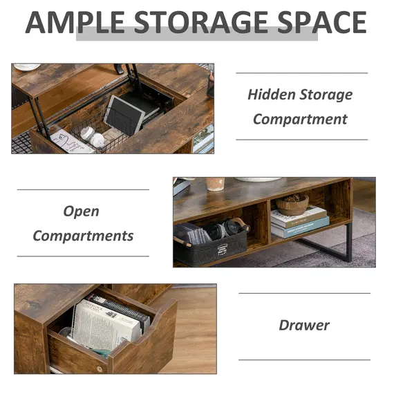 Buy HOMCOM Extendable Coffee Table Lift Top Desk w/ Hidden Storage Compartment Drawer Metal Frame - Brown, 3 image