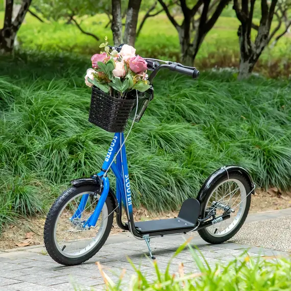 Buy HOMCOM Kids Kick Scooter Teen Ride On Children Scooter with Adjustable Handlebar 2 Brakes Basket Cupholder Mudguard 16" Inflatable Rubber Tyres Blue