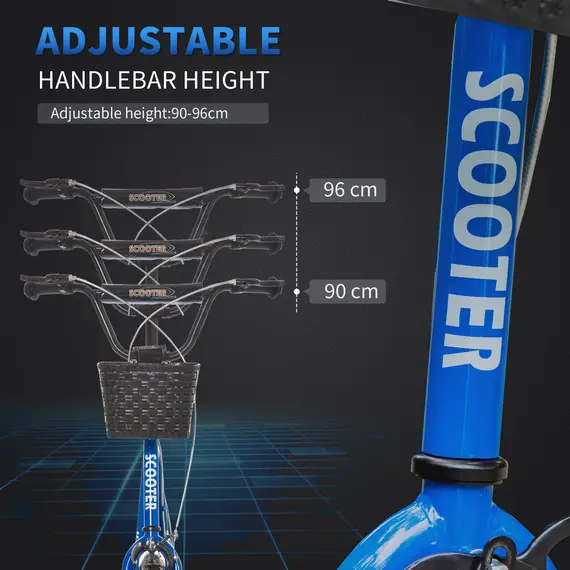 Buy HOMCOM Kids Kick Scooter Teen Ride On Children Scooter with Adjustable Handlebar 2 Brakes Basket Cupholder Mudguard 16" Inflatable Rubber Tyres Blue, 3 image