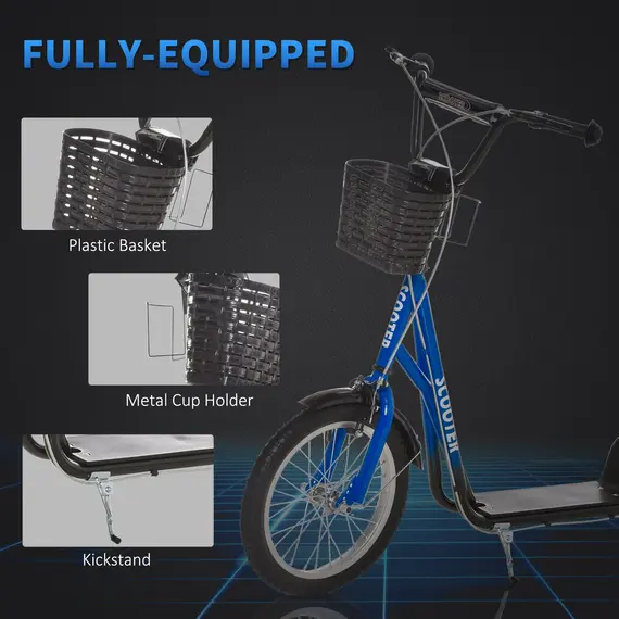 Buy HOMCOM Kids Kick Scooter Teen Ride On Children Scooter with Adjustable Handlebar 2 Brakes Basket Cupholder Mudguard 16" Inflatable Rubber Tyres Blue, 5 image