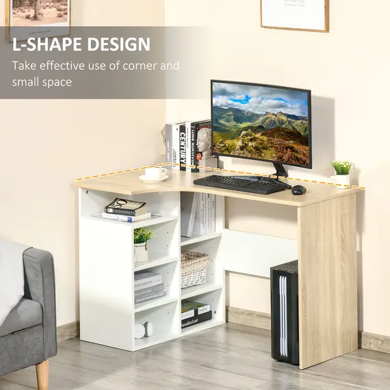 Buy HOMCOM L-Shaped Corner Computer Desk Study Table PC Work w/ Storage Shelf Office Home Workstation - Oak Tone and White, 4 image