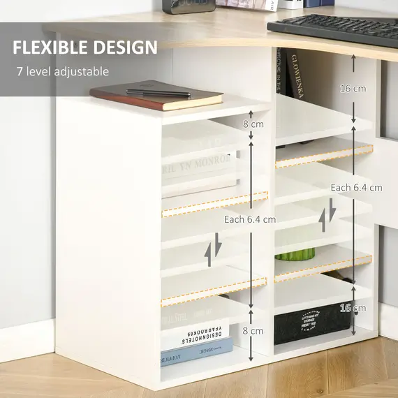 Buy HOMCOM L-Shaped Corner Computer Desk Study Table PC Work w/ Storage Shelf Office Home Workstation - Oak Tone and White, 5 image