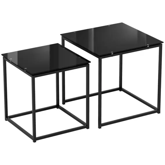 Buy Nest of Tables, Set of 2 Coffee Table, Side Tables with Tempered Glass Desktop and Metal Frame for Living Room, Bedroom, Office, Black