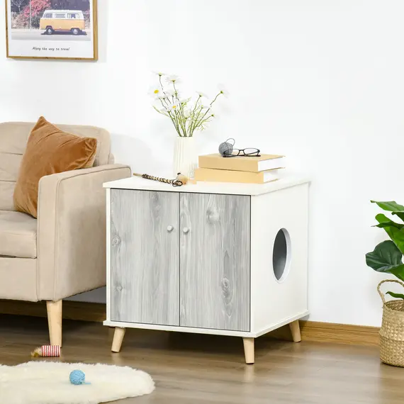 Buy PawHut Cat Litter Box Enclosure Washroom Cave House Decorative End Table Wooden Cabinet Indoor with 2 Magnetic Door Wide Tabletop White