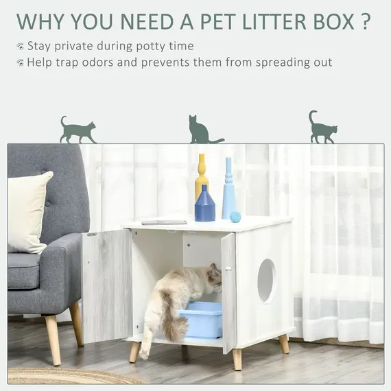 Buy PawHut Cat Litter Box Enclosure Washroom Cave House Decorative End Table Wooden Cabinet Indoor with 2 Magnetic Door Wide Tabletop White, 3 image