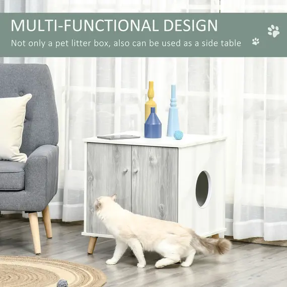 Buy PawHut Cat Litter Box Enclosure Washroom Cave House Decorative End Table Wooden Cabinet Indoor with 2 Magnetic Door Wide Tabletop White, 4 image