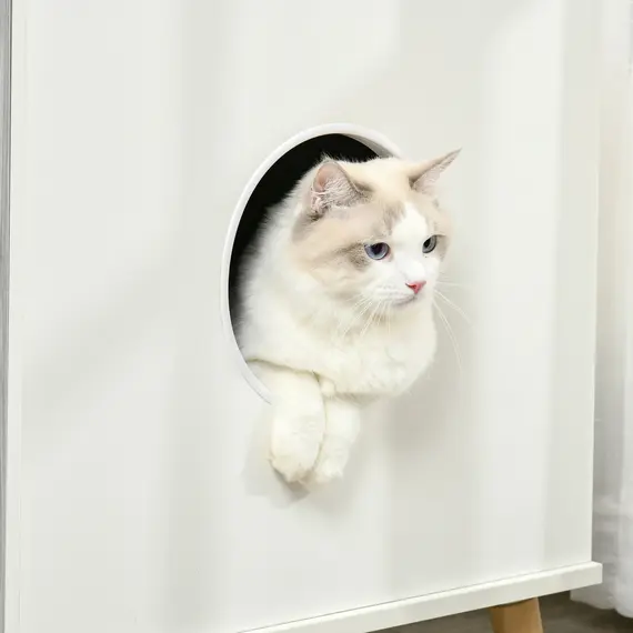 Buy PawHut Cat Litter Box Enclosure Washroom Cave House Decorative End Table Wooden Cabinet Indoor with 2 Magnetic Door Wide Tabletop White, 8 image