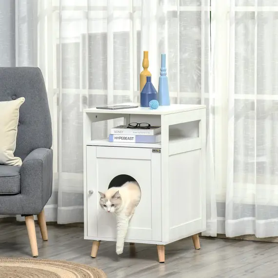 Buy PawHut Cat Litter Box Enclosure Washroom Cave House Decorative End Table Wooden Cabinet Indoor with Magnetic Door Multiple Storage Space White
