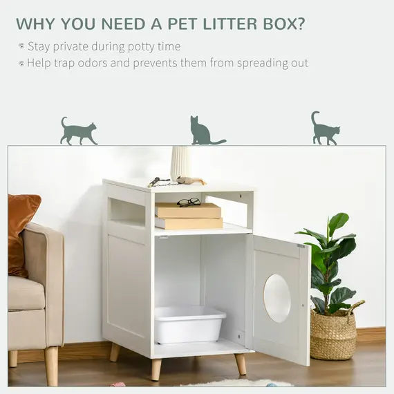 Buy PawHut Cat Litter Box Enclosure Washroom Cave House Decorative End Table Wooden Cabinet Indoor with Magnetic Door Multiple Storage Space White, 3 image