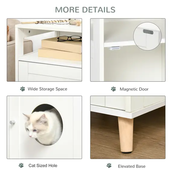 Buy PawHut Cat Litter Box Enclosure Washroom Cave House Decorative End Table Wooden Cabinet Indoor with Magnetic Door Multiple Storage Space White, 5 image