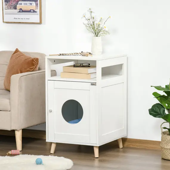 Buy PawHut Cat Litter Box Enclosure Washroom Cave House Decorative End Table Wooden Cabinet Indoor with Magnetic Door Multiple Storage Space White, 8 image