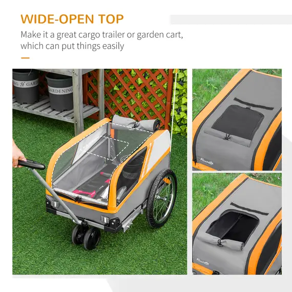 Buy PawHut Dog Bike Trailer Two-In-One Trolley Stroller Cart Bicycle Carrier for Cat Puppy Travel w/ Reflectors Red Flag - Orange, 6 image