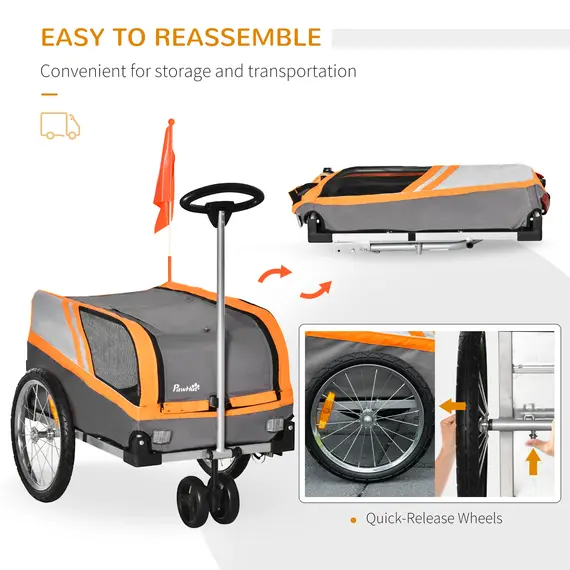 Buy PawHut Dog Bike Trailer Two-In-One Trolley Stroller Cart Bicycle Carrier for Cat Puppy Travel w/ Reflectors Red Flag - Orange, 7 image