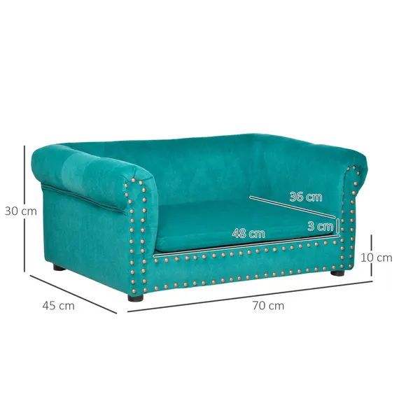 Buy PawHut Pet Sofa Soft Dog Bed Couch with Removable Sponge Cushion Waterproof Cover Wooden Frame, Puppy Kitten Lounge For Dog Cat, 70x45x30 cm, Green, 2 image