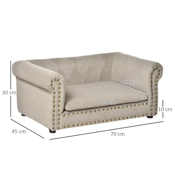Buy PawHut Pet Sofa Soft Dog Bed Couch with Removable Sponge Cushion Waterproof Cover Wooden Frame, Puppy Kitten Lounge For Dog Cat, Khaki, 70x45x30 cm, 2 image