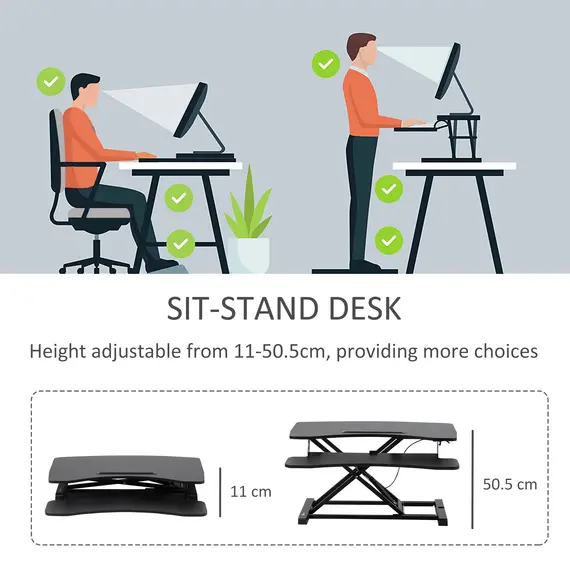 Buy Vinsetto Standing Desk Converter, Height Adjustable Office Workstation, 85 x 71cm Sit-Stand Desk with Keyboard Tray, Black, 6 image