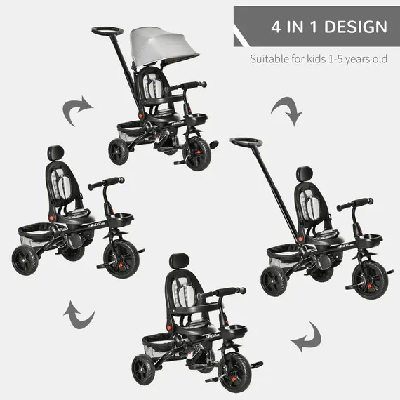 Buy 4 in 1 Baby Tricycle Toddler Stroller Foldable Pedal Tricycle w/ Reversible Angle Adjustable Seat Removable for 1-5 Years - Grey, 3 image