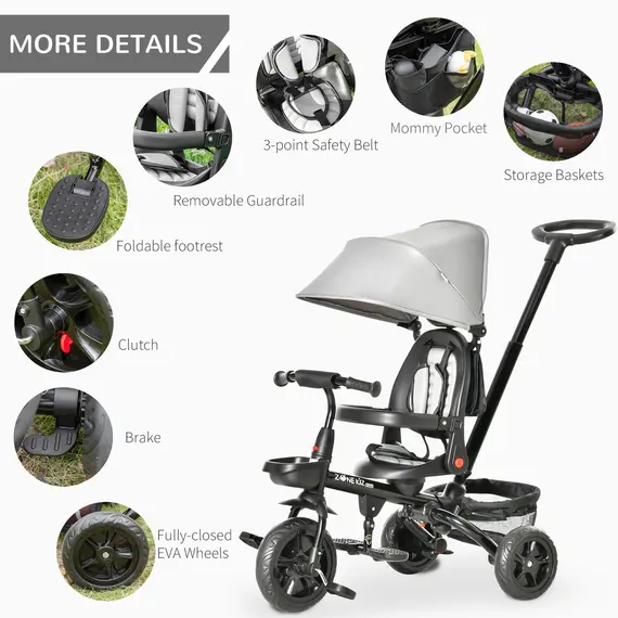 Buy 4 in 1 Baby Tricycle Toddler Stroller Foldable Pedal Tricycle w/ Reversible Angle Adjustable Seat Removable for 1-5 Years - Grey, 8 image