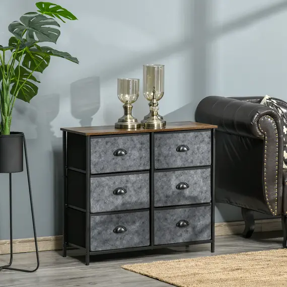 Buy Chest of Drawer Fabric Dresser Storage Cabinet for Bedroom Night Stand w/ 6 Drawers Steel Frame Handles - Grey and Black
