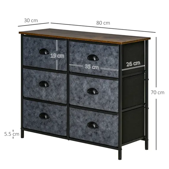 Buy Chest of Drawer Fabric Dresser Storage Cabinet for Bedroom Night Stand w/ 6 Drawers Steel Frame Handles - Grey and Black, 2 image