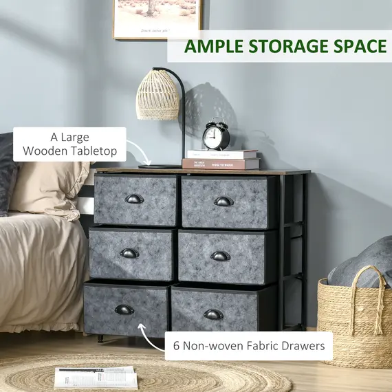 Buy Chest of Drawer Fabric Dresser Storage Cabinet for Bedroom Night Stand w/ 6 Drawers Steel Frame Handles - Grey and Black, 3 image