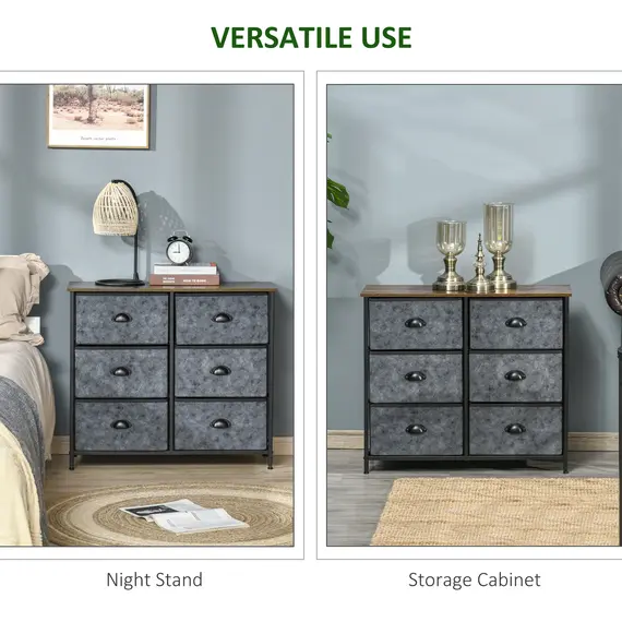 Buy Chest of Drawer Fabric Dresser Storage Cabinet for Bedroom Night Stand w/ 6 Drawers Steel Frame Handles - Grey and Black, 6 image