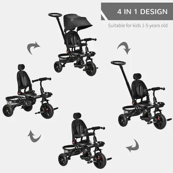 Buy HOMCOM 4 in 1 Baby Tricycle Toddler Stroller Foldable Pedal Tricycle w/ Reversible Angle Adjustable Seat Removable for 1-5 Years - Black, 3 image
