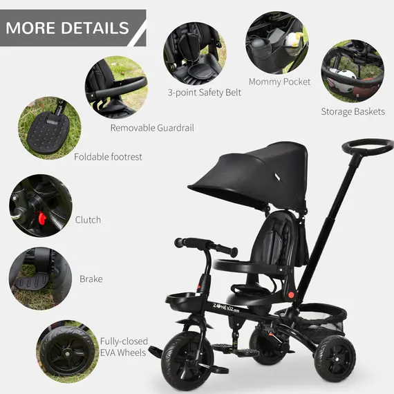 Buy HOMCOM 4 in 1 Baby Tricycle Toddler Stroller Foldable Pedal Tricycle w/ Reversible Angle Adjustable Seat Removable for 1-5 Years - Black, 8 image