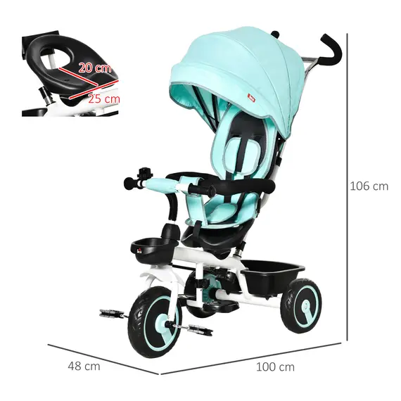 Buy HOMCOM 6 in 1 Baby Tricycle Toddler Stroller Pedal Tricycle w/ Reversible Seat Adjustable Removable Handle Canopy Handrail for 1-5 Years Old Green, 2 image