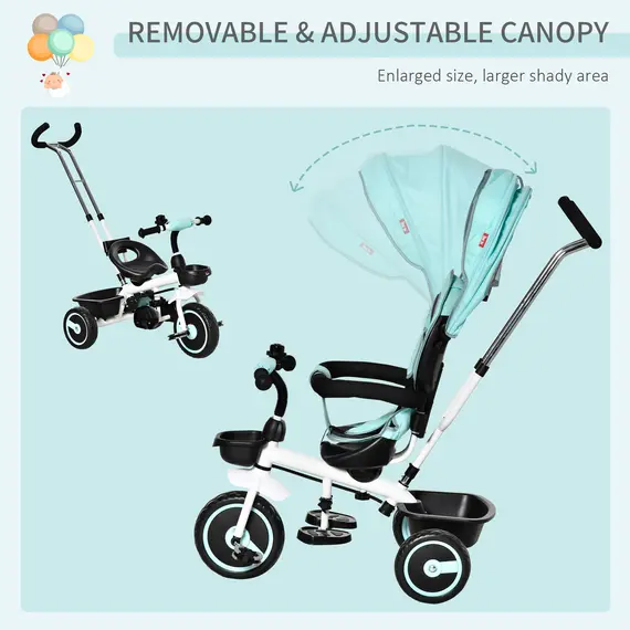 Buy HOMCOM 6 in 1 Baby Tricycle Toddler Stroller Pedal Tricycle w/ Reversible Seat Adjustable Removable Handle Canopy Handrail for 1-5 Years Old Green, 4 image