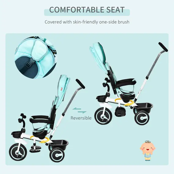 Buy HOMCOM 6 in 1 Baby Tricycle Toddler Stroller Pedal Tricycle w/ Reversible Seat Adjustable Removable Handle Canopy Handrail for 1-5 Years Old Green, 5 image