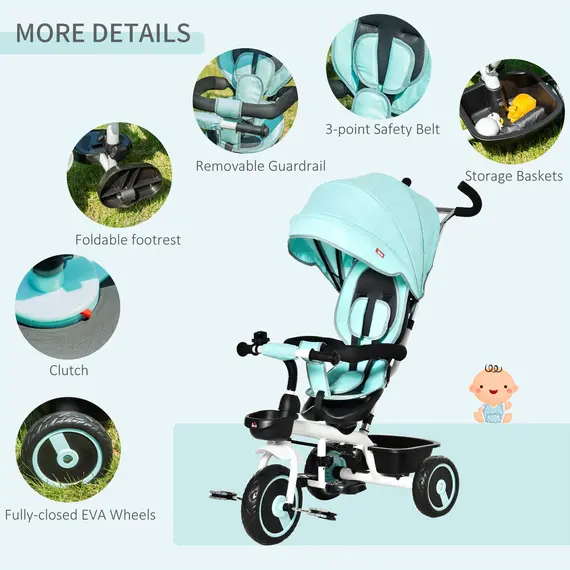 Buy HOMCOM 6 in 1 Baby Tricycle Toddler Stroller Pedal Tricycle w/ Reversible Seat Adjustable Removable Handle Canopy Handrail for 1-5 Years Old Green, 7 image