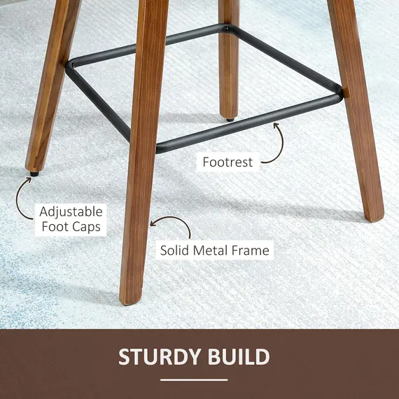 Buy HOMCOM Bar Stools Set of 2, Breakfast Bar Chairs, Tall Kitchen Stools PU Leather with Backrests and Wood Legs, Brown, 5 image
