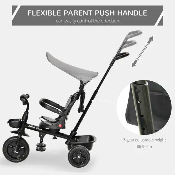 Buy HOMCOM Four-In-One Tricycle w/ Reversible Seat Adjustable Canopy Removable Handle For Age 1-5 Years -Grey, 6 image