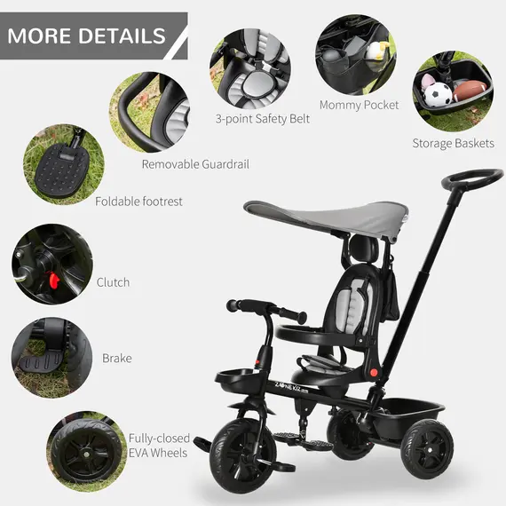 Buy HOMCOM Four-In-One Tricycle w/ Reversible Seat Adjustable Canopy Removable Handle For Age 1-5 Years -Grey, 7 image