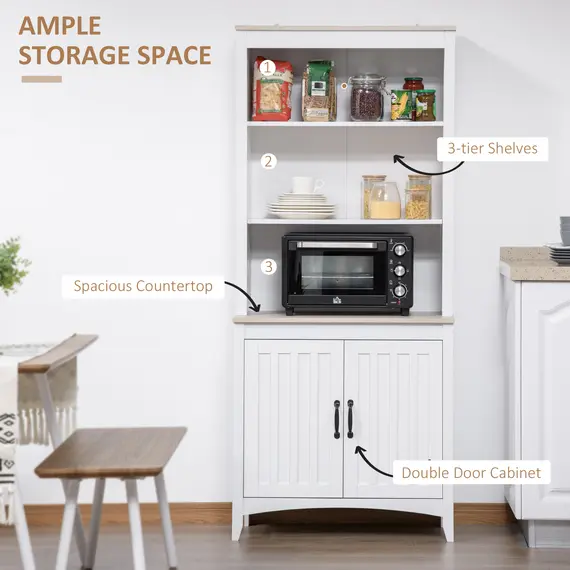 Buy HOMCOM Kitchen Cupboard with 3-tier Shelving Double-door Storage Cabinet, Sideboard with Adjustable Shelves Microwave Oven Counter Top, White, 3 image