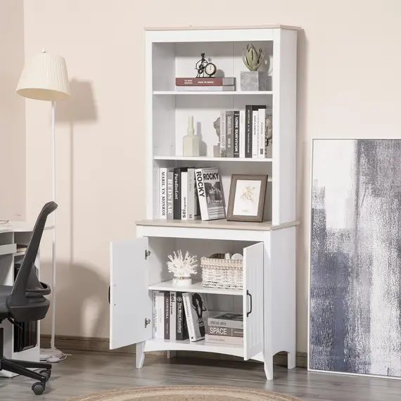 Buy HOMCOM Kitchen Cupboard with 3-tier Shelving Double-door Storage Cabinet, Sideboard with Adjustable Shelves Microwave Oven Counter Top, White, 7 image