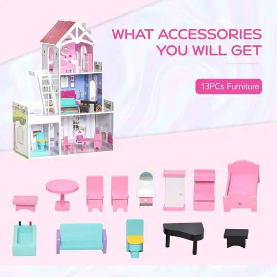 Buy Kids Dollhouse Dreamhouse Villa for Toddler Girls Multi-level House for Children with Furniture Accessories Kit Pink, 6 image