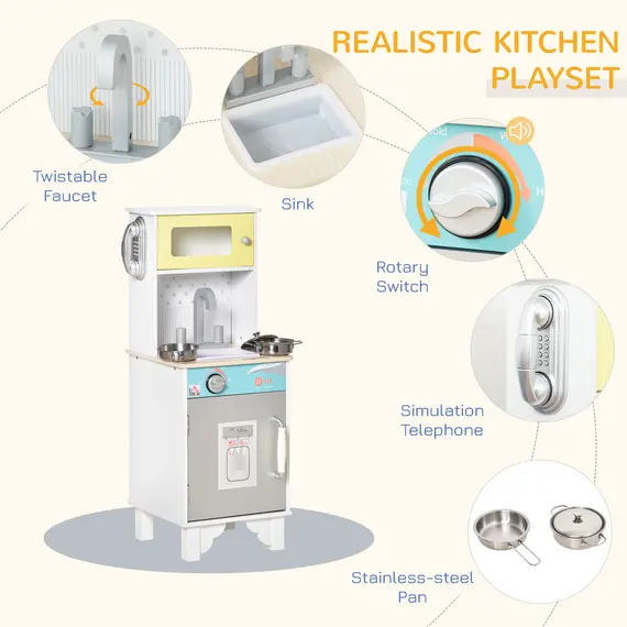 Buy Kids Kitchen Play Cooking Toy Set, Children Educational Pretend Role Playset, Multiple Storage, with Sink, Telephone, Pots, Nature Wood, 4 image