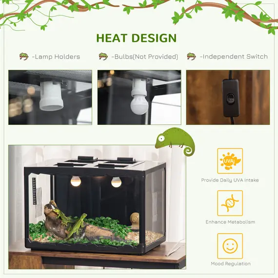 Buy PawHut 60 x 40 x 40.5 cm Reptile Box, Breeding Tank, Climbing pet Containers, with Lamp Holders, Hanging Basin, for Lizards, Chameleon, Tortoise-Black, 4 image