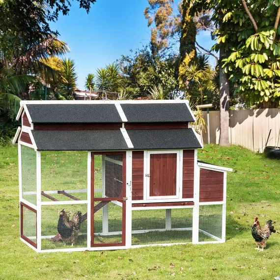 Buy PawHut Deluxe Chicken Coop, Multi-room Hen House, Wooden Poultry Cage w/ Outdoor Run, Nesting Box, Removable Tray, 207 x 105 x 145cm