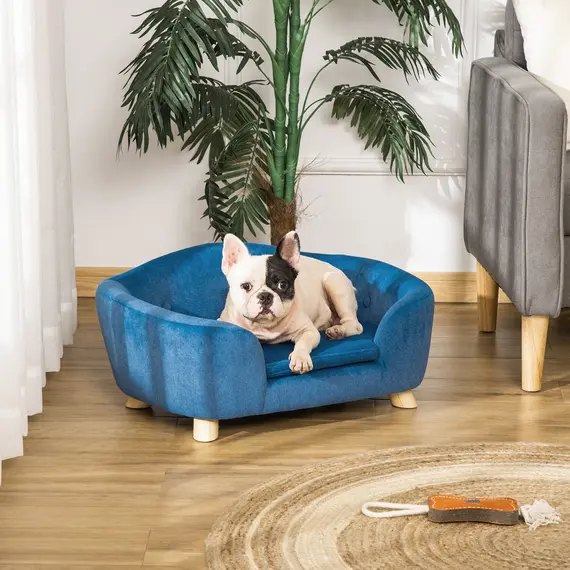 Buy PawHut Pet Sofa, Dog Bed Couch, Puppy Kitten Lounge, with Wooden Frame, Short Plush Cover, Washable Cushion, for Small Dog, 70 x 47 x 30 cm, Blue
